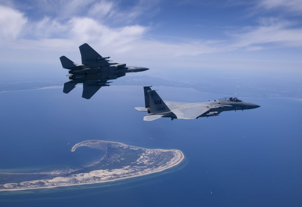 Two F-15 Eagles fly high over Cape Cod Massachusetts Canvas Art - HIGH-G ProductionsStocktrek Images (18 x 12)