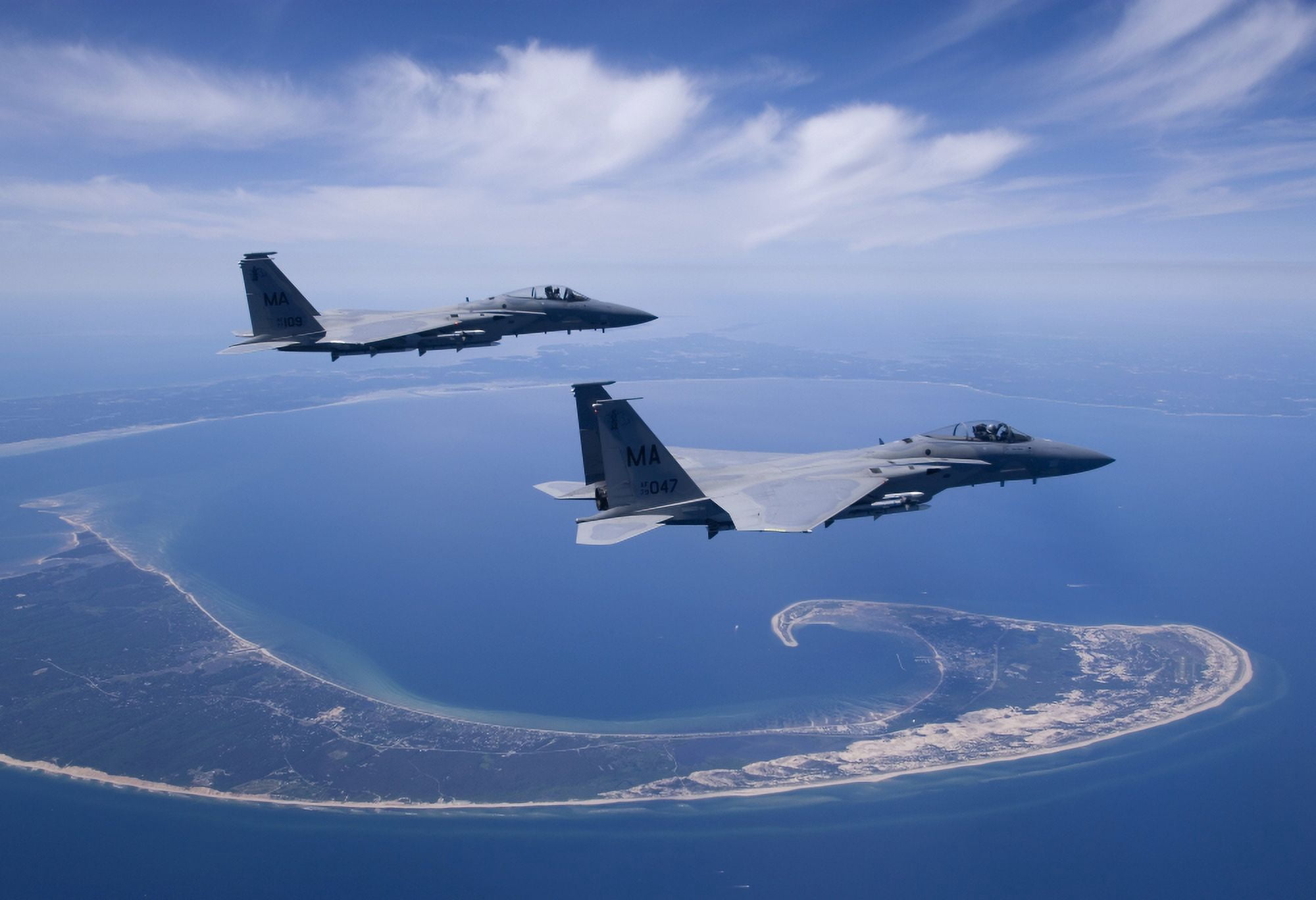 Two F-15 Eagles fly high over Cape Cod Massachusetts Canvas Art - HIGH-G ProductionsStocktrek Images (35 x 24)