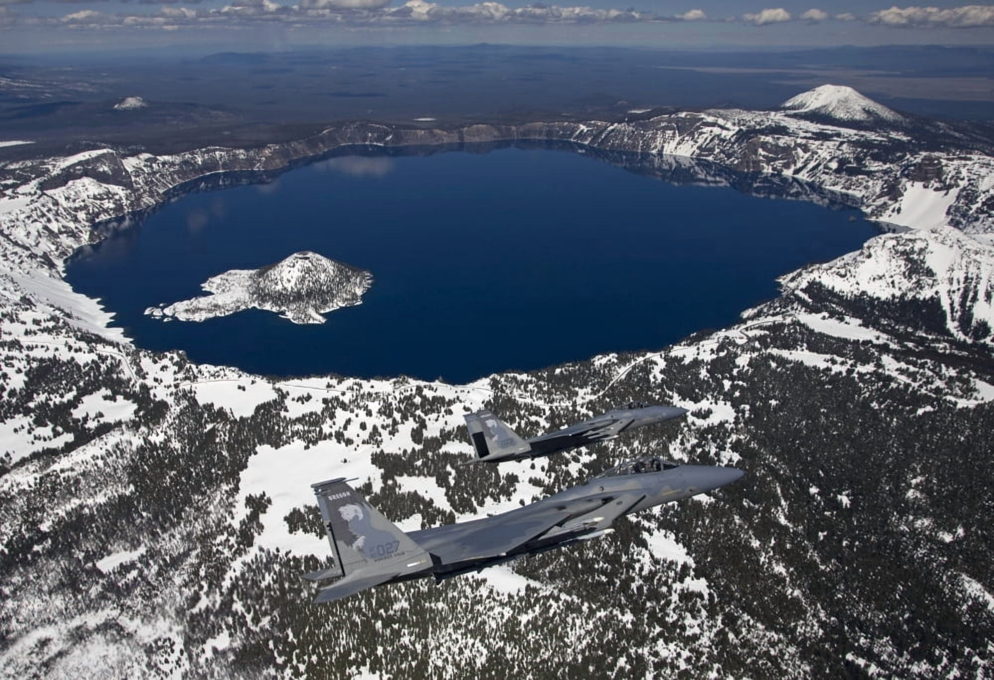 Two F-15 Eagles fly over Crater Lake in Central Oregon Canvas Art - HIGH-G ProductionsStocktrek Images (35 x 24)