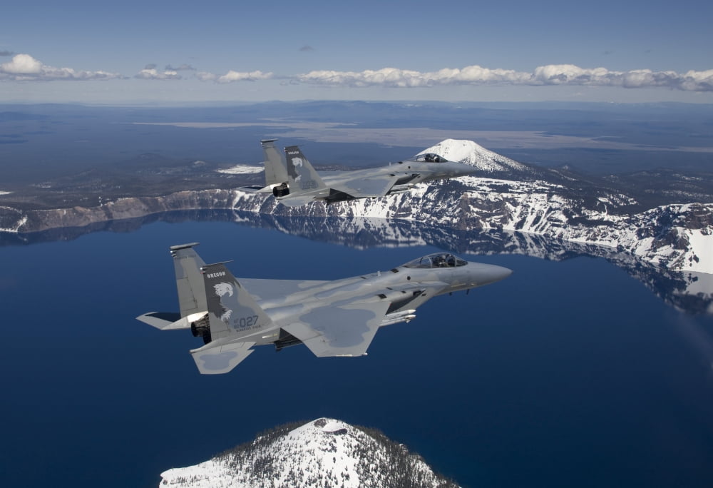 Two F-15 Eagles fly over Crater Lake in Central Oregon Canvas Art - HIGH-G ProductionsStocktrek Images (35 x 24)