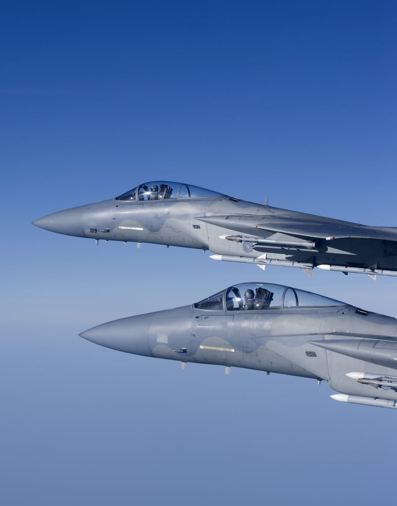 Two F-15 Eagles fly over New England during a training mission Canvas Art - HIGH-G ProductionsStocktrek Images (13 x 16)