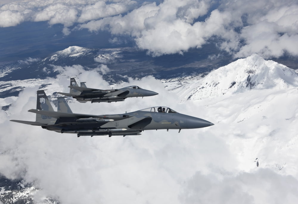 Two F-15 Eagles fly past snow capped peaks in Central Oregon Canvas Art - HIGH-G ProductionsStocktrek Images (18 x 12)
