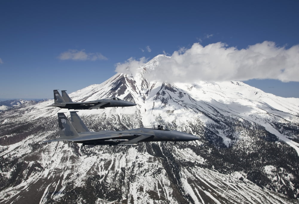 Two F-15 Eagles fly past snow capped peaks in Central Oregon Canvas Art - HIGH-G ProductionsStocktrek Images (35 x 24)
