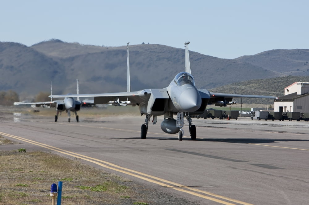 Two F-15 Eagles taxi out to take off on a training mission Canvas Art - HIGH-G ProductionsStocktrek Images (18 x 12)