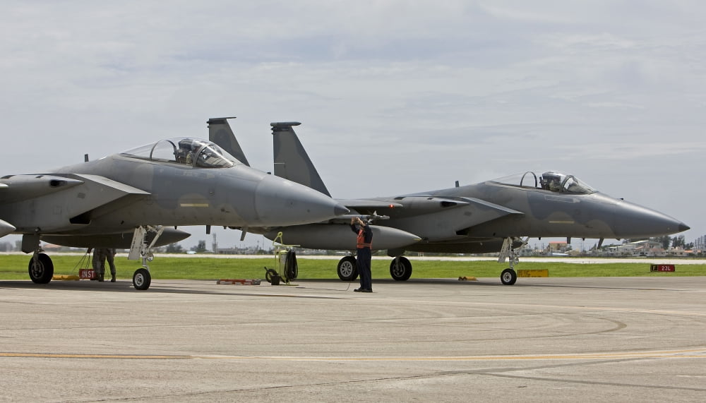 Two F-15s parked at the end of runway at Kadena Air Base Japan Canvas Art - HIGH-G ProductionsStocktrek Images (19 x 11)