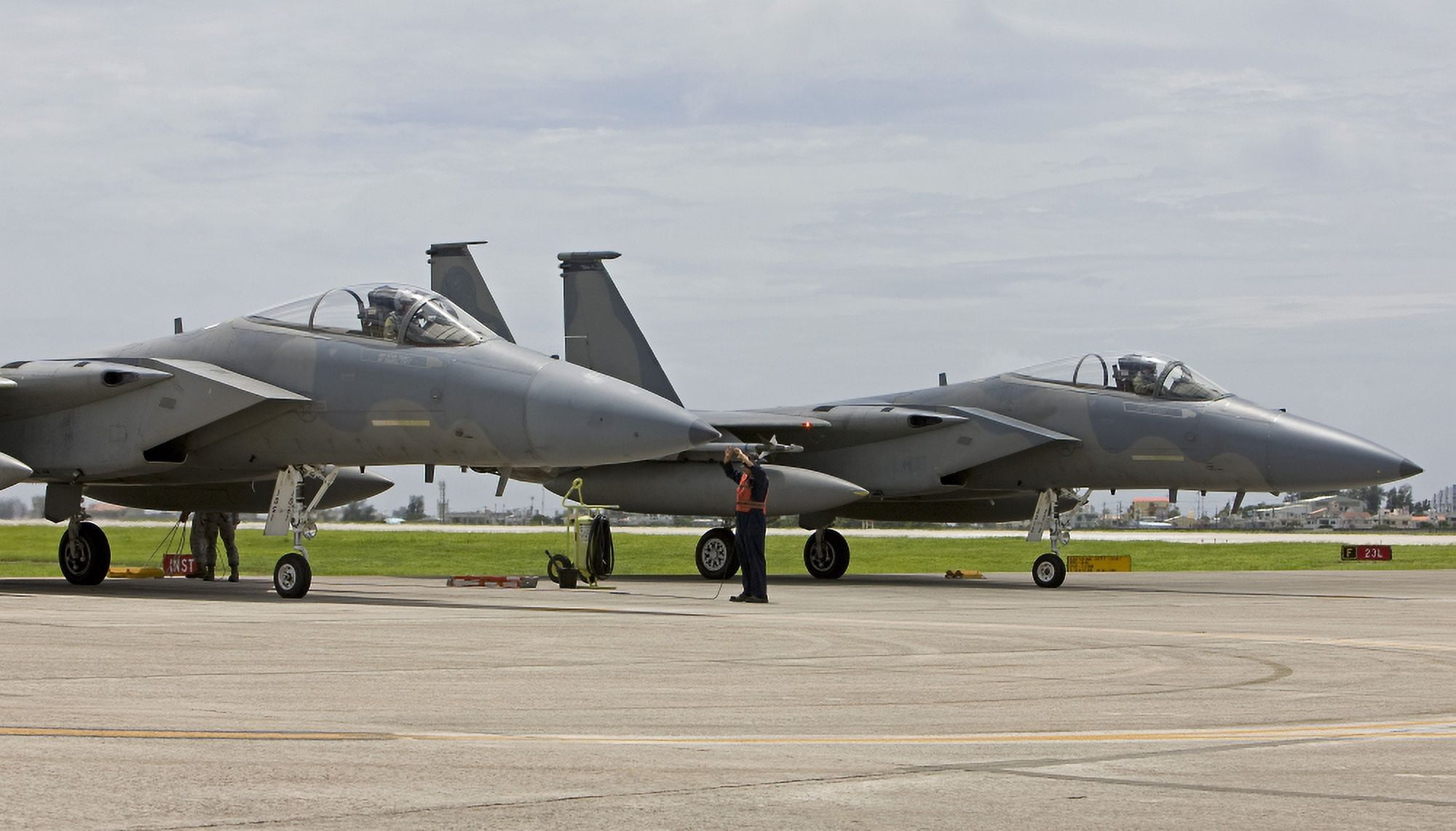 Two F-15s parked at the end of runway at Kadena Air Base Japan Canvas Art - HIGH-G ProductionsStocktrek Images (38 x 22)