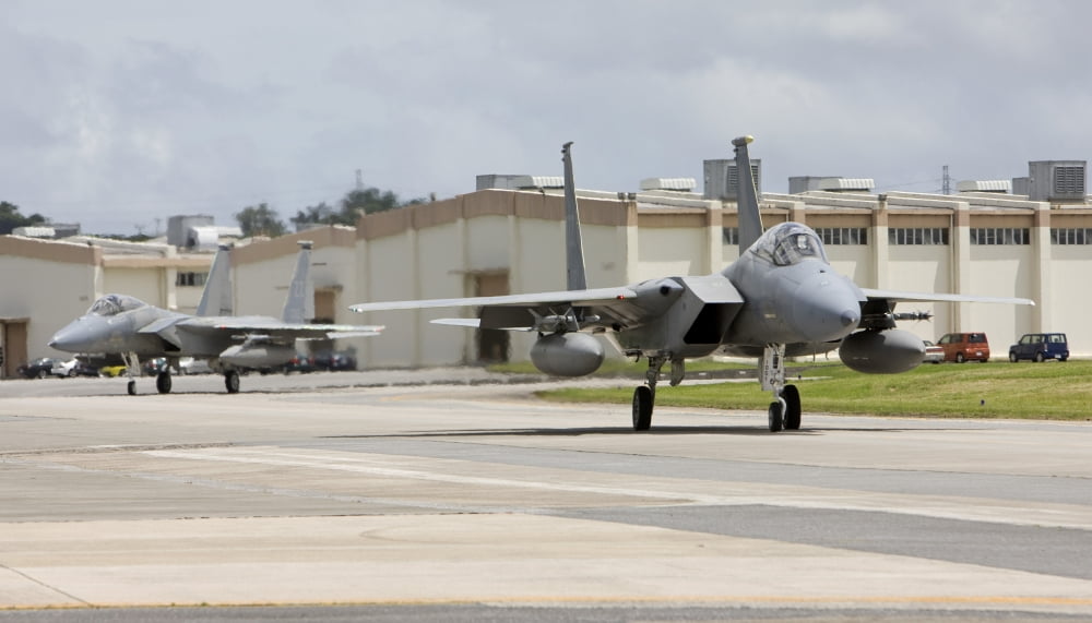Two F-15s taxi to the End of Runway at Kadena Air Base Japan Canvas Art - HIGH-G ProductionsStocktrek Images (19 x 11)
