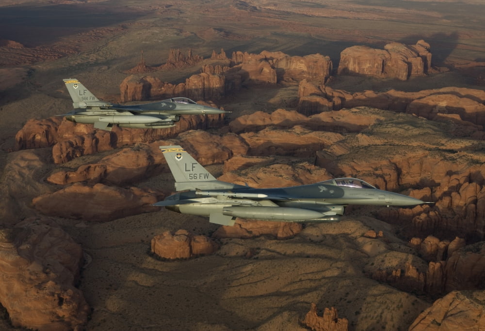 Two F-16s fly in formation over Northern Arizona Canvas Art - HIGH-G ProductionsStocktrek Images (18 x 12)