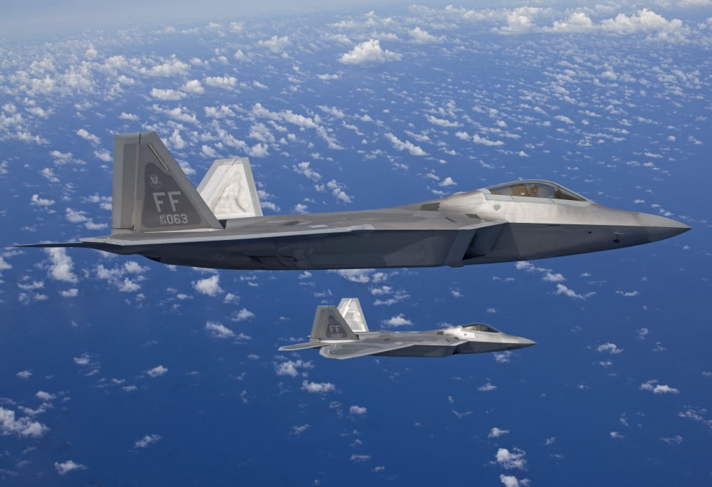 Two F-22 Raptors fly in formaton over Japan Canvas Art - HIGH-G ProductionsStocktrek Images (18 x 12)
