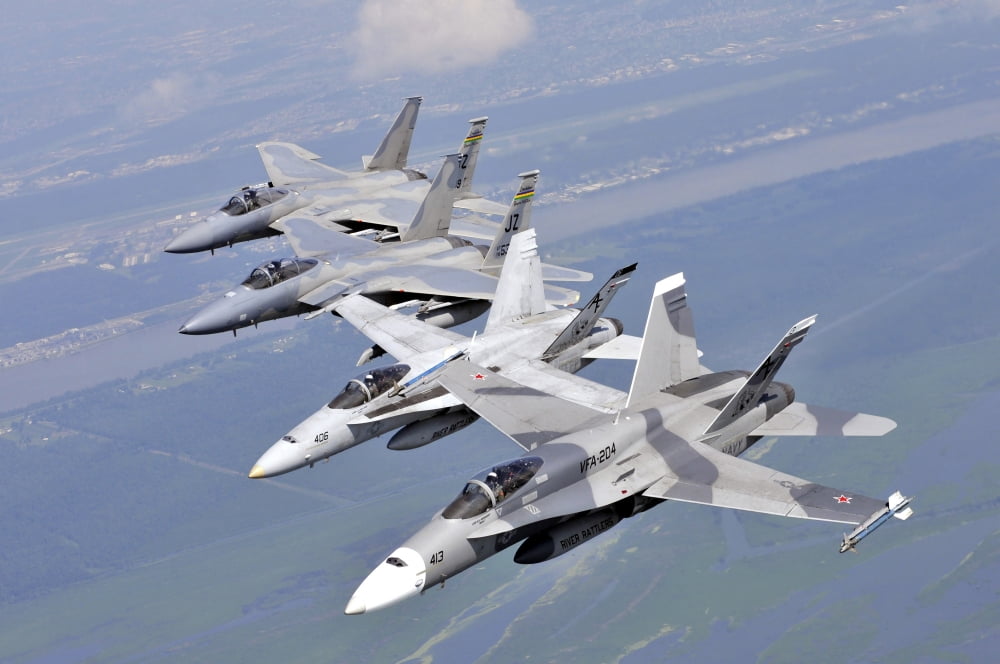 Two FA-18 Hornets and two F-15 Strike Eagles fly in an echelon formation Canvas Art - Stocktrek Images (35 x 23)