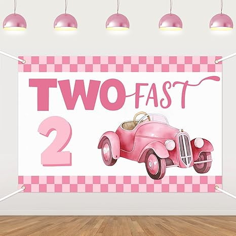 Two Fast 2nd Birthday Backdrop for Girl,Pink Race Car Girl 2nd Birthday Photo Background Banner Party Decorations Photoshoot Background Photo Booth Studio