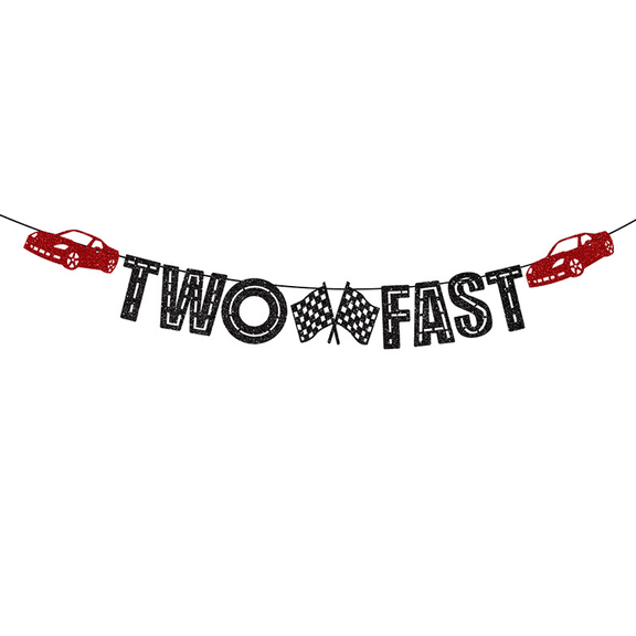 Two Fast Banner, Black and Red Glitter, Racing Car Theme, 2nd Birthday Party Decoration