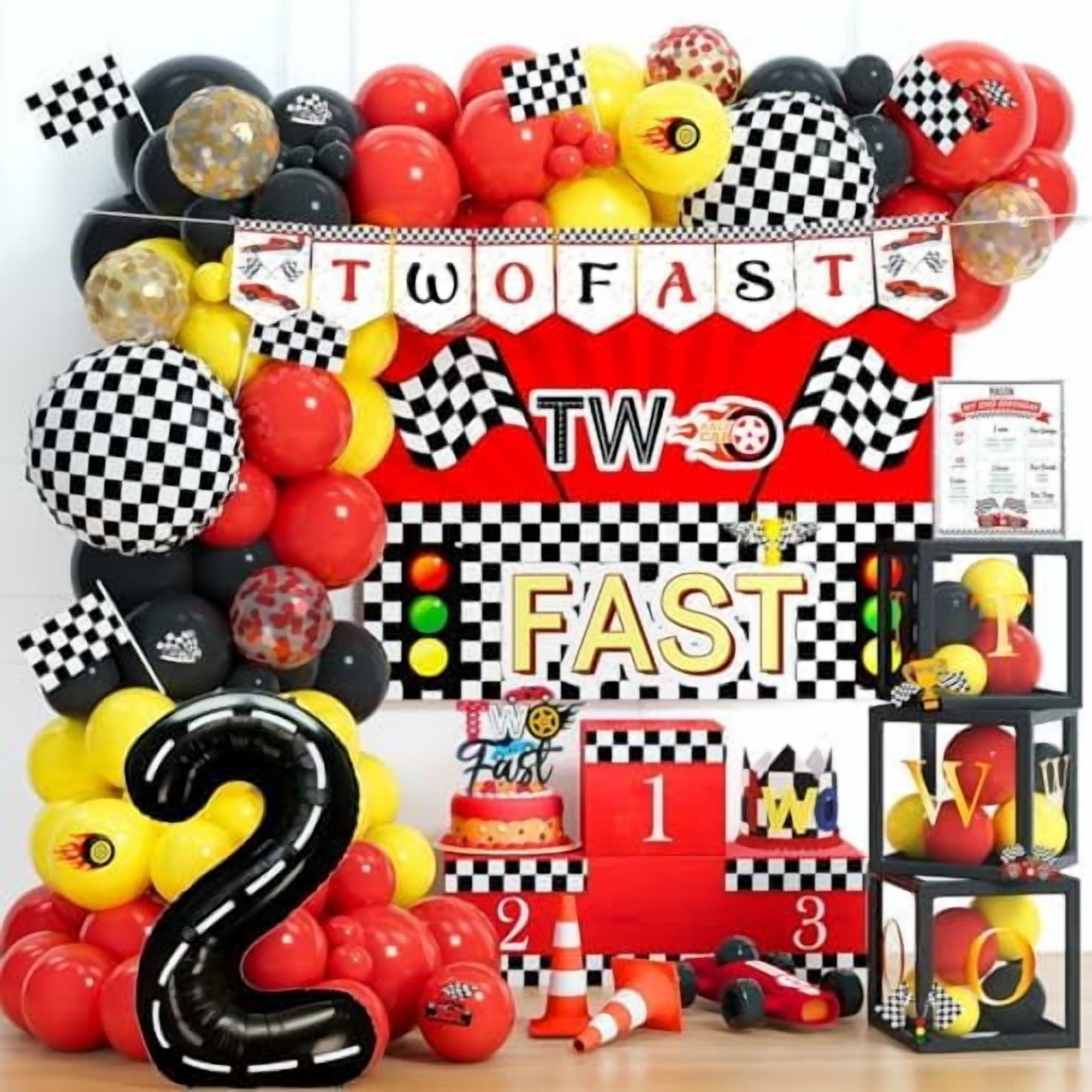 Two Fast Birthday Decorations – 131 PCs Race Car Themed Birthday Party Supplies with Two Fast Backdrop, Balloon Garland, Balloon Boxes, Number 2 Foil Balloon, Banner, Cake Topper, Poster