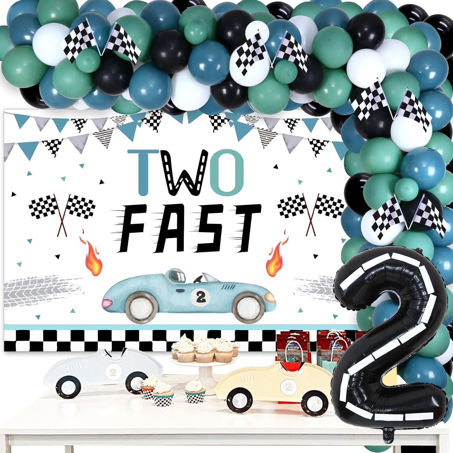 Vintage Two Fast Race Car Themed Kids Birthday Party Decorations with ...