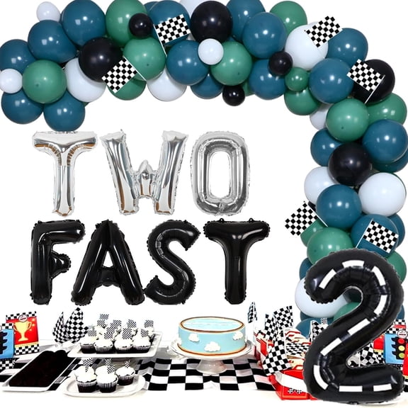 Two Fast Birthday Decorations Boy Vintage, Racing Car Birthday Party Supplies, Blue and Green Balloon Garland Kit with Checkered Foil Balloons Garland for Boys 2 Birthday Party