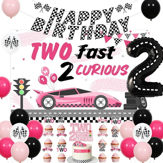 Two Fast Birthday Decorations for Girl, Two Fast Two Curious Backdrop Cake Toppeer Racing Car Banner Pink Checkered Wheel Balloons, Race Car 2nd Birthday Let’s Go Racing Party Supplies
