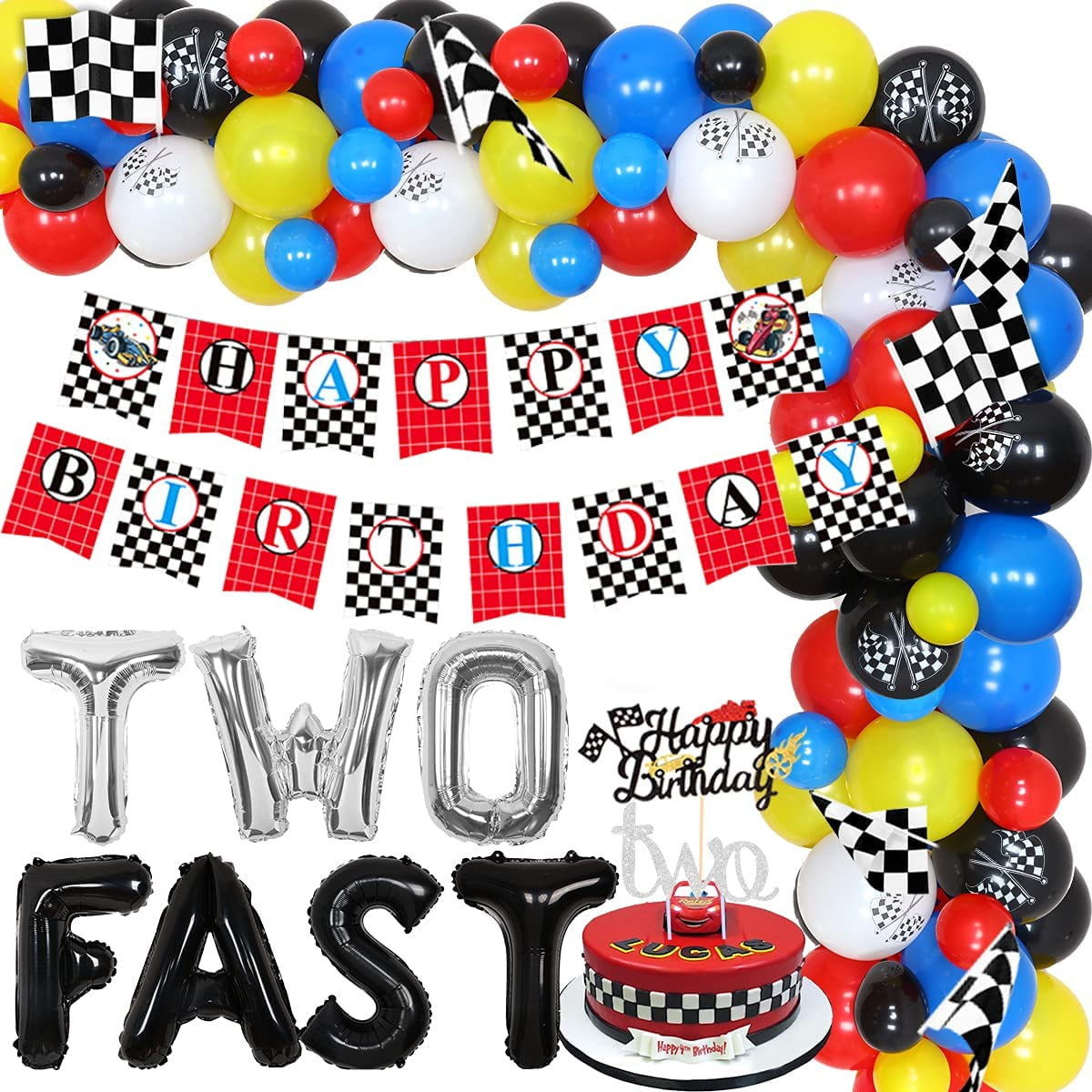 Black White Racing Theme TWO FAST Happy Birthday Banner - Racing Checkered Flag Party Decor 9.84ft Party Decorations