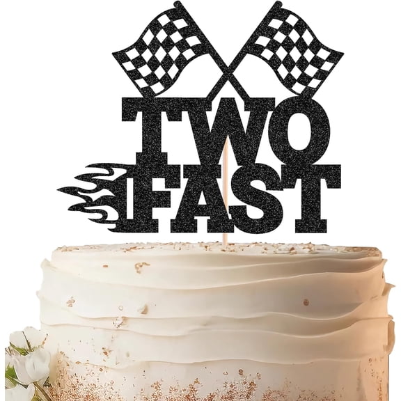 Two Fast Cake Topper, Black Glitter Cardstock Checkered Racing Flag Flame Design Cake Pick for Race Car Themed 2nd Birthday Party Decorations, 1 Pack