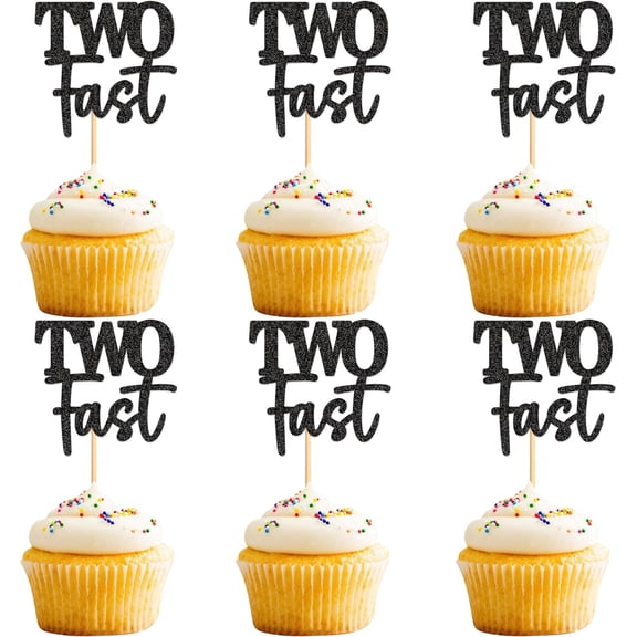 Two Fast Cupcake Toppers, Black Glitter, Racing Car Theme, 2nd Birthday Party Decorations, 12 Pack