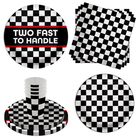 Two Fast to Handle Checkered Flag - Race Car Party Supplies for Boy's 2nd Birthday - Checkered Flag Tableware Set Includes Large Paper Plates Napkins Cups - Kit for 16 64 Piece
