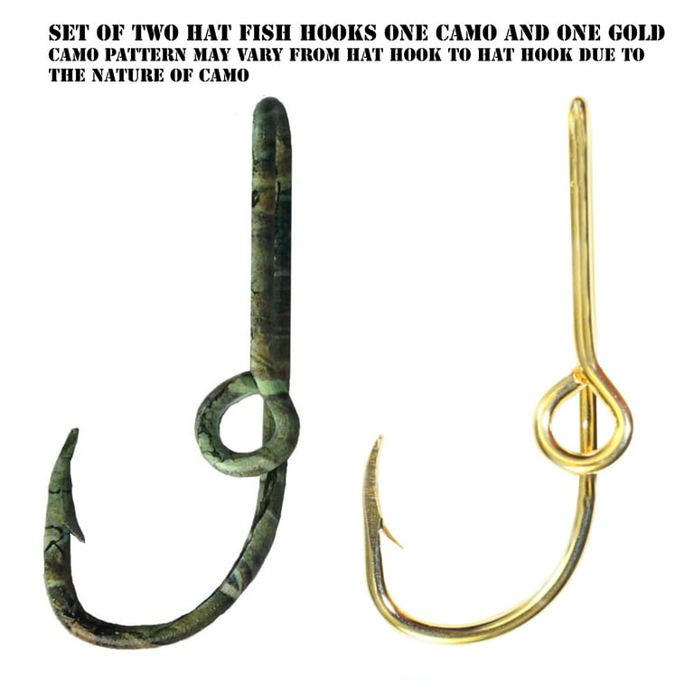 Two Fish Hook Hat Pins Camo and Gold Hat Hook Fish Hook for Hat Camo Fish  Hook Clip- Set of Two Hooks one Camo and one Gold 