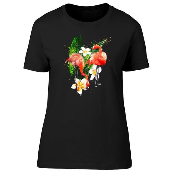 Two Flamingos With White Flowers T-Shirt Women -Image by Shutterstock, Female Medium