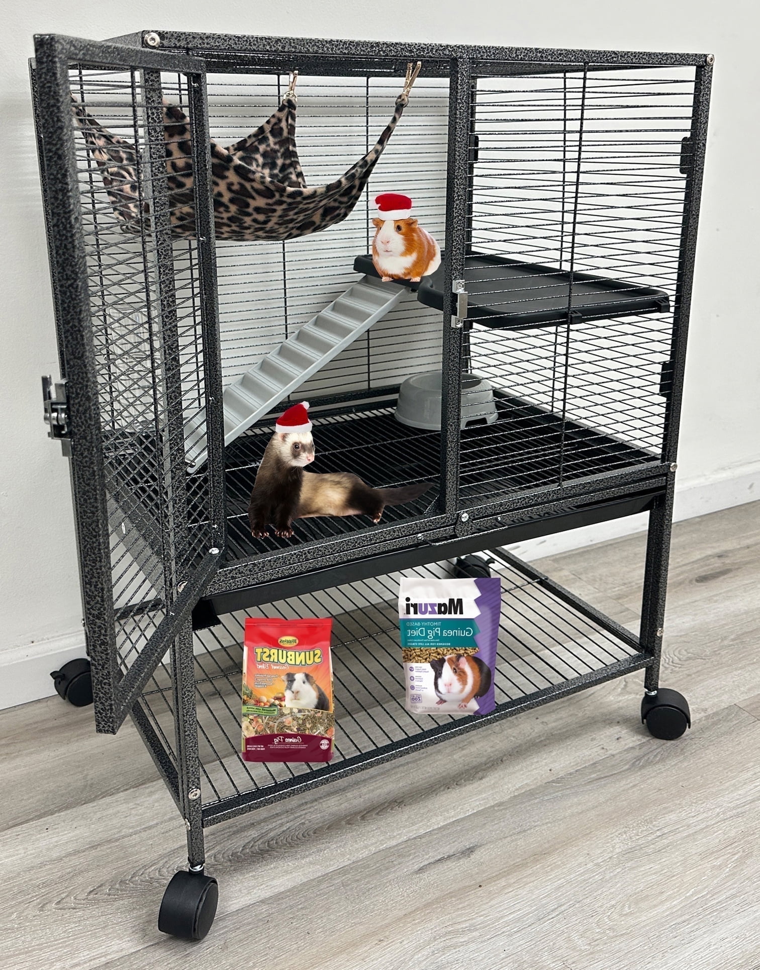 Mcage Deluxe 2-Story Metal Small Animal Critter Rolling Cage Large Durable Front Door for Guinea Pig, Ferret, Rabbit, Mouse, Rat with Removable Tray, Water Bottle & More