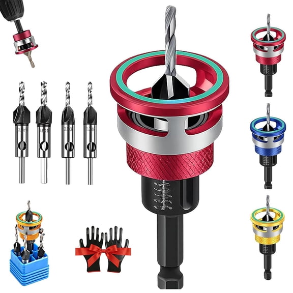 Two-Flute Counterbore with Adjustable Depth Stop Collar, 90 Degree Countersink Drill Bit Set for Woodworking and Cabinetry, 1/4 Inch Hex Shank, 12-35mm Precise Depth Control (Red)