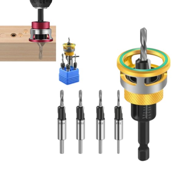 Two-Flute Counterbore with Adjustable Depth Stop Collar, 90 Degree Countersink Drill Bit Set for Woodworking and Cabinetry, 1/4 Inch Hex Shank, 12-35mm Precise Depth Control