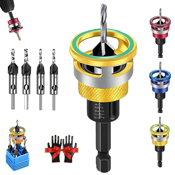 Two-Flute Counterbore with Adjustable Depth Stop Collar, 90 Degree Countersink Drill Bit Set for Woodworking and Cabinetry, 1/4 Inch Hex Shank, 12-35mm Precise Depth Control (Yellow)