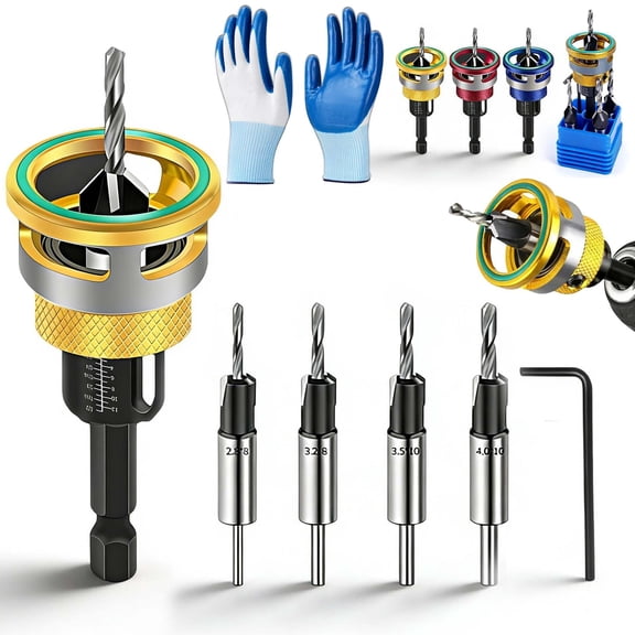 Two-Flute Counterbore with Adjustable Depth Stop, Countersink Drill Bit Set, 4PCS Four-Flute Tapered Drill Bits and Adjustable Depth Stop Collar, for Woodworking, Cabinetry, DIY, with Gloves(Yellow)