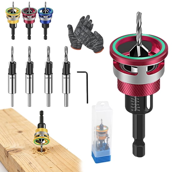 Two-Flute Counterbore with Adjustable Depth Stop, Countersink Drill Bit Set, 4PCS Four-Flute Tapered Drill Bits and Adjustable Depth Stop Collar, for Woodworking, Cabinetry, Pocket Hole Screws (Red)