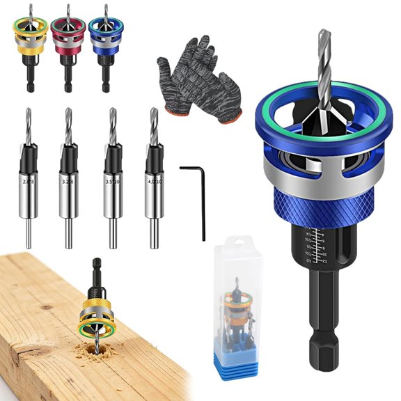 Two-Flute Counterbore with Adjustable Depth Stop, Countersink Drill Bit Set, 4PCS Four-Flute Tapered Drill Bits and Adjustable Depth Stop Collar, for Woodworking, Cabinetry, Pocket Hole Screws (Blue)