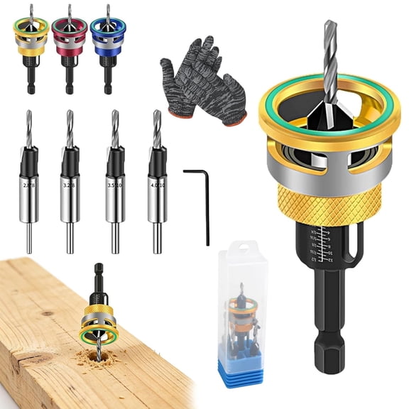 Two-Flute Counterbore with Adjustable Depth Stop, Countersink Drill Bit Set, 4PCS Four-Flute Tapered Drill Bits and Adjustable Depth Stop Collar, for Woodworking, Cabinetry, Pocket Hole Screws (Gold)