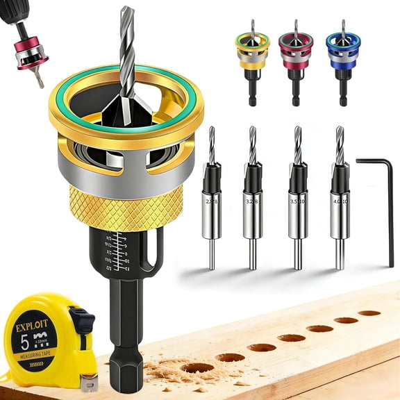 Two-Flute Counterbore with Adjustable Depth Stop, Four-Flute Tapered Countersink Drill Bit Set, Drill Bit Depth Stop Collars, Friction-Free Countersink Bit for Woodworking, Cabinetry, DIY (Gold)