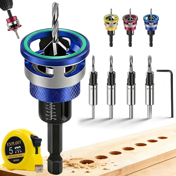 Two-Flute Counterbore with Adjustable Depth Stop, Four-Flute Tapered Countersink Drill Bit Set, Drill Bit Depth Stop Collars, Friction-Free Countersink Bit for Woodworking, Cabinetry, DIY (Blue)