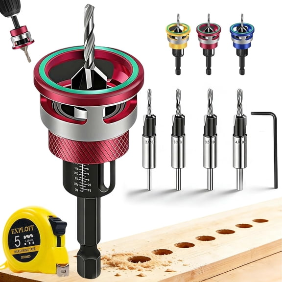 Two-Flute Counterbore with Adjustable Depth Stop, Four-Flute Tapered Countersink Drill Bit Set, Drill Bit Depth Stop Collars, Friction-Free Countersink Bit for Woodworking, Cabinetry, DIY (Red)