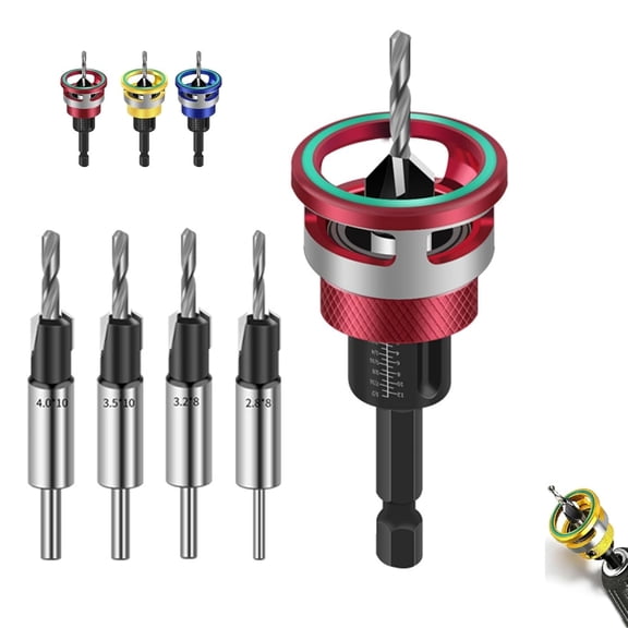 Two-Flute Counterbore with Adjustable Depth Stop, Four-Flute Tapered Drill Bits and Adjustable Depth Stop Collar, 2-in-1 Drill Countersink Stop Colla, Adjustable Hex Screw Depth Stop Collar (Red)