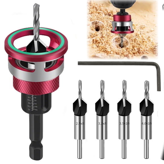 Two-Flute Counterbore with Depth Stop, 1/4" Quick Change Hex Shank, Aluminum Alloy Stop Collar, HSS M2 Bits Head & Hex Wrench, Counter Sink Drill Bit for Wood for Wood, Plastic, Woodworking