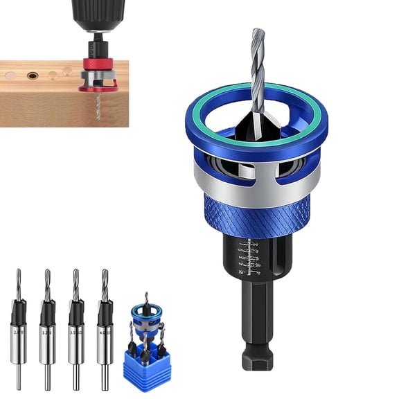Two-Flute Counterbore with Depth Stop, 2-in-1 Drill & Countersink with Adjustable Stop Collar and 1/4 Inch Hex Shank, Countersink Drill Bit for Wood, Plastic, Woodworking