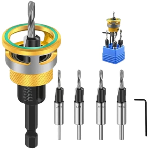 Two-Flute Counterbore with Depth Stop, 2026 Upgraded Features a Free-Spinning, High-Speed Two-Flute, Universal 1/4" Hex Shank, 2-in-1 Drill & Countersink (Gold)