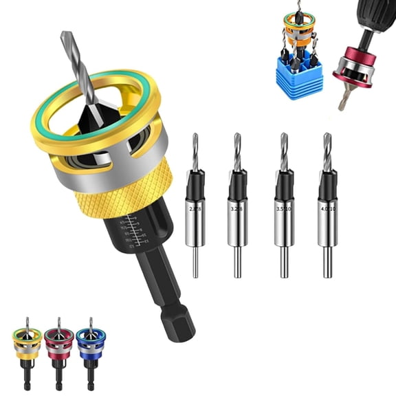 Two-Flute Counterbore with Depth Stop, 4PCS Countersink Drill Bit Set – Adjustable Depth Stop Collar, Tapered Head Counter-Bore, Hex Shank for Wood, MDF, Particleboard, Precise Depth Control (Yellow)