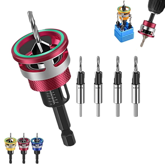 Two-Flute Counterbore with Depth Stop, 4PCS Countersink Drill Bit Set – Adjustable Depth Stop Collar, Tapered Head Counter-Bore, Hex Shank for Wood, MDF, Particleboard, Precise Depth Control (Red)