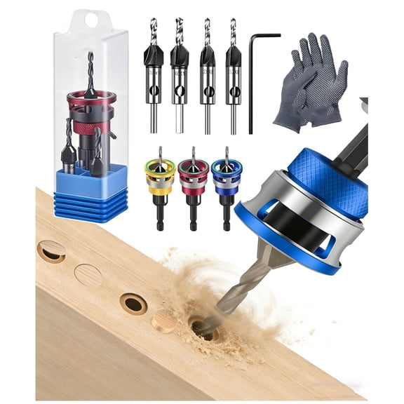 Two-Flute Counterbore with Depth Stop, 4PCS Countersink Drill Bit Set with Adjustable Stop Collar, High Speed Steel for Wood and Metal Drilling in Workshop Use