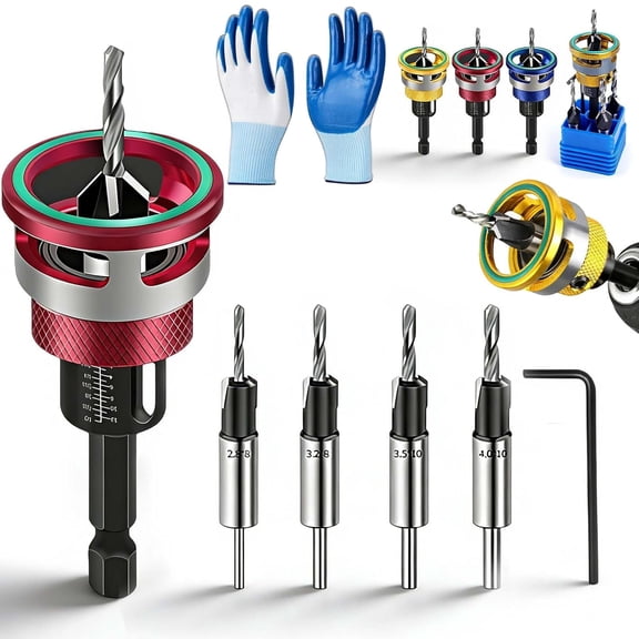 Two-Flute Counterbore with Depth Stop, 4PCS Four-Flute Tapered Drill Bits and Adjustable Depth Stop Collar, Countersink Drill Bit Set for Woodworking, Cabinetry, DIY (Red)