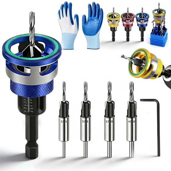 Two-Flute Counterbore with Depth Stop, 4PCS Four-Flute Tapered Drill Bits and Adjustable Depth Stop Collar, Countersink Drill Bit Set for Woodworking, Cabinetry, DIY (Blue)