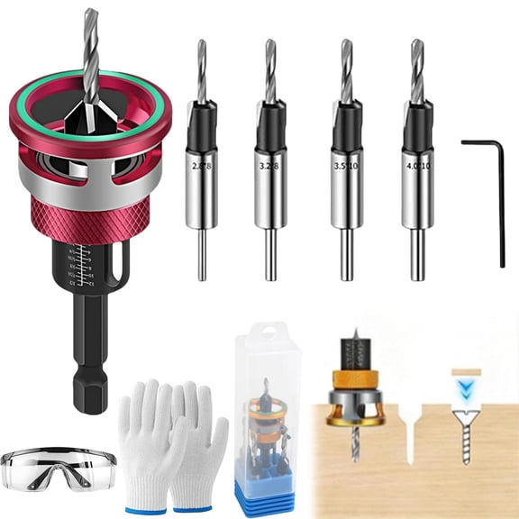 Two-Flute Counterbore with Depth Stop, 4PCS Four-Flute Tapered Drill Bits and Adjustable Depth Stop Collar, Stop on Contact, Countersink Drill Bit Set for Woodworking, Cabinetry (red)