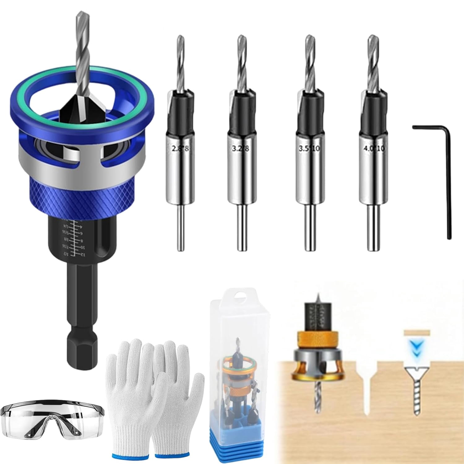 Two-Flute Counterbore with Depth Stop, 4PCS Four-Flute Tapered Drill Bits and Adjustable Depth Stop Collar, Stop on Contact, Countersink Drill Bit Set for Woodworking, Cabinetry (Blue)