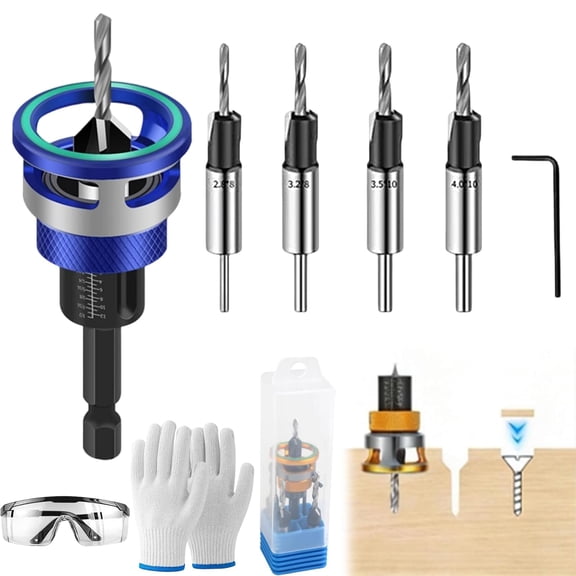 Two-Flute Counterbore with Depth Stop, 4PCS Four-Flute Tapered Drill Bits and Adjustable Depth Stop Collar, Stop on Contact, Countersink Drill Bit Set for Woodworking, Cabinetry (Blue)