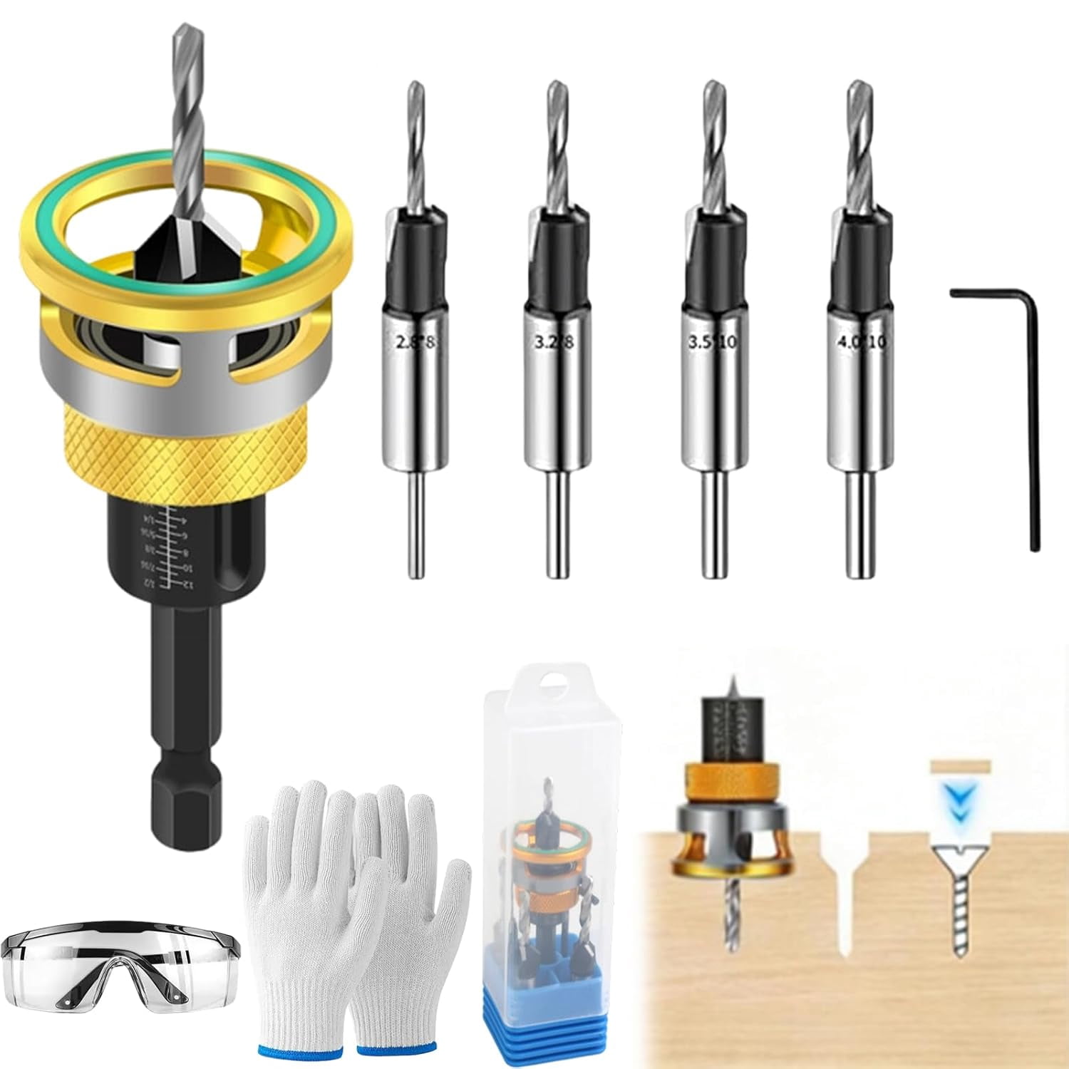 Two-Flute Counterbore with Depth Stop, 4PCS Four-Flute Tapered Drill Bits and Adjustable Depth Stop Collar, Stop on Contact, Countersink Drill Bit Set for Woodworking, Cabinetry (Yellow)